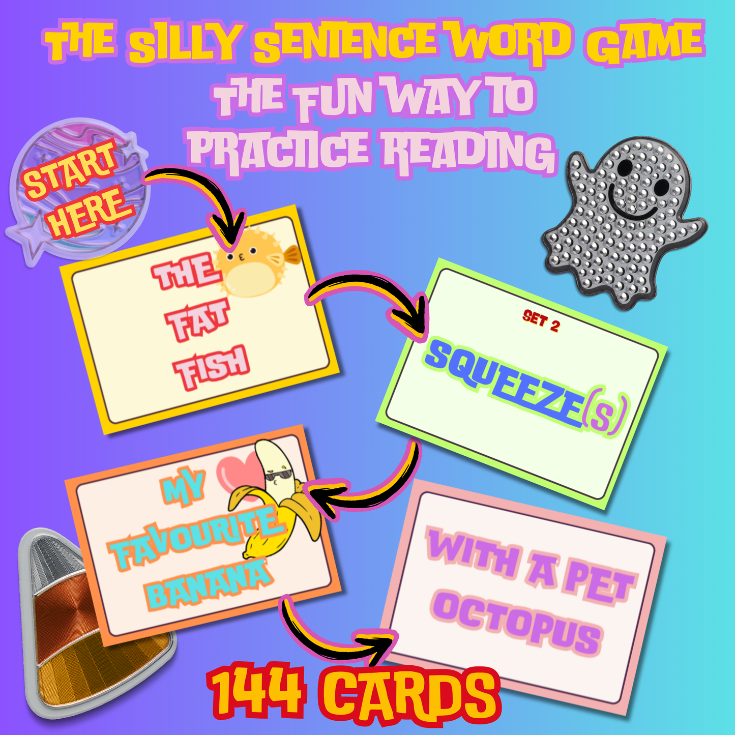 (Descarga digital) Juego de palabras con frases tontas para niños: 144 divertidas tarjetas didácticas coloridas e imprimibles para que los niños desarrollen y practiquen habilidades de lectura.