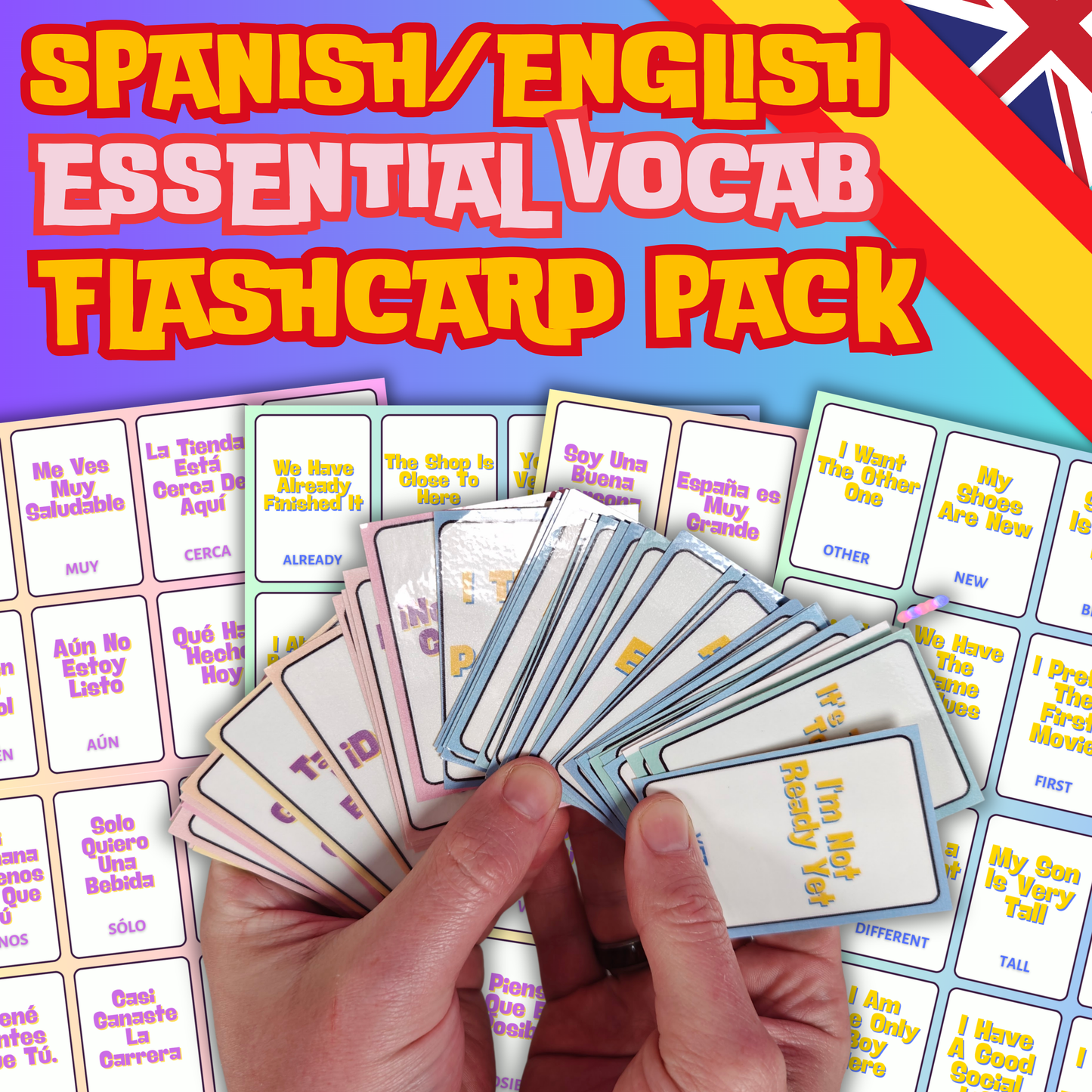 <tc>Paquete de tarjetas didácticas esenciales en inglés: 64 palabras en inglés más comunes, herramientas de aprendizaje duraderas, laminadas y de doble cara</tc>