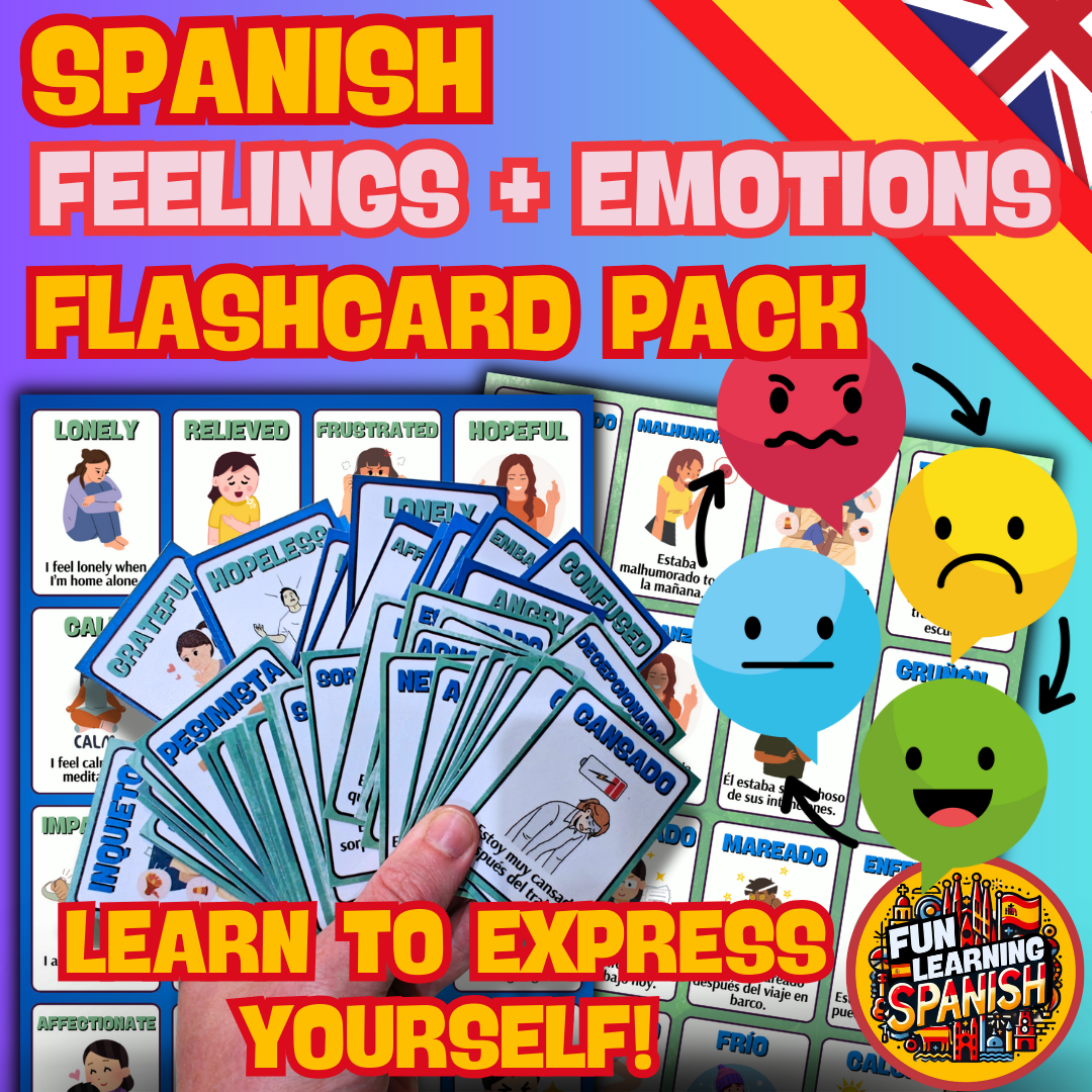 Paquete de vocabulario en español de emociones y sentimientos avanzados: 64 tarjetas didácticas con imágenes de doble cara en inglés y español