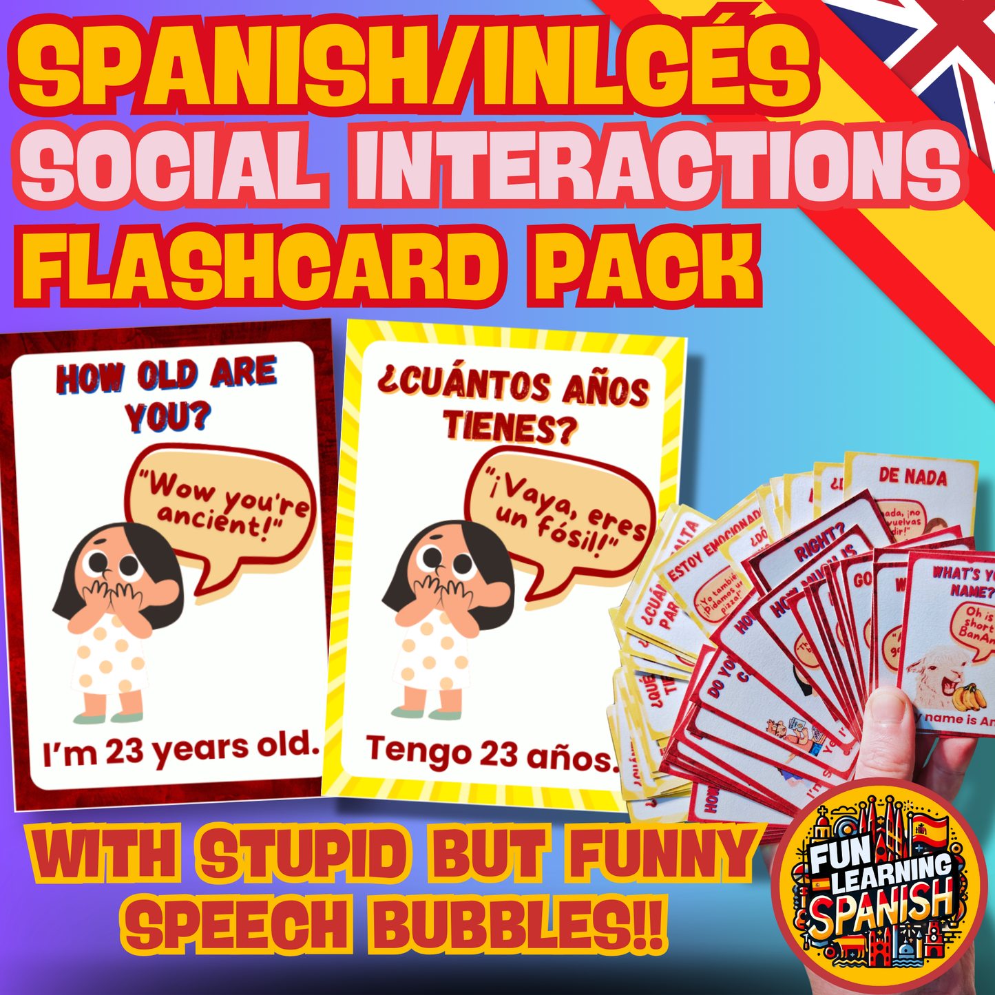 <tc>Paquete de tarjetas didácticas en inglés de interacciones sociales (64 tarjetas) ¡Aprende inglés conversacional! Para aprendizaje + revisión</tc>