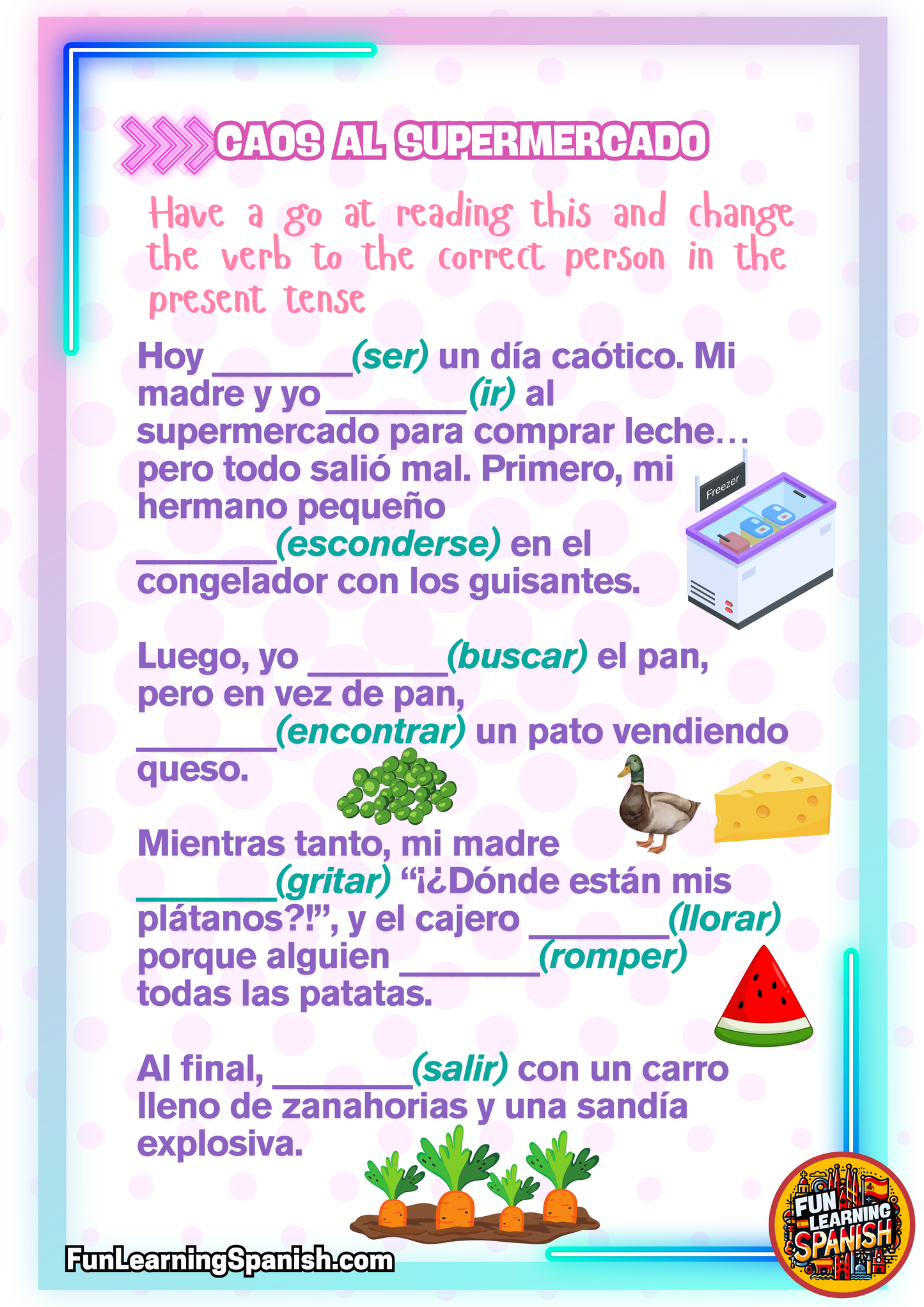 Chaos at the Supermarket – Spanish Practice Mayhem Activity Pack
(Printable & Downloadable for just 99p!) 🛒🍌🤣