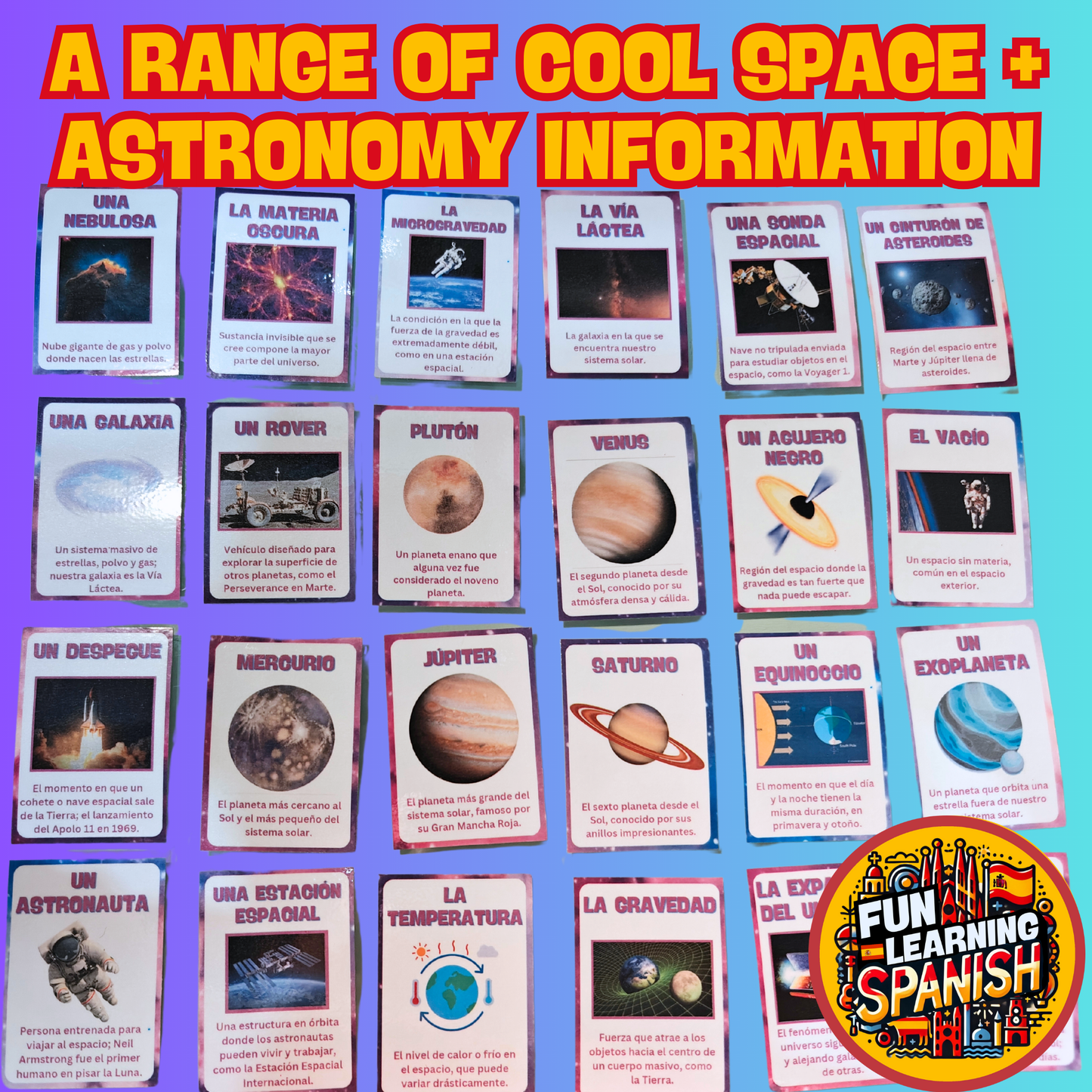 Paquete de tarjetas didácticas de vocabulario + hechos de espacio y astronomía: 64 tarjetas de revisión de aprendizaje laminadas y de doble cara de español a inglés