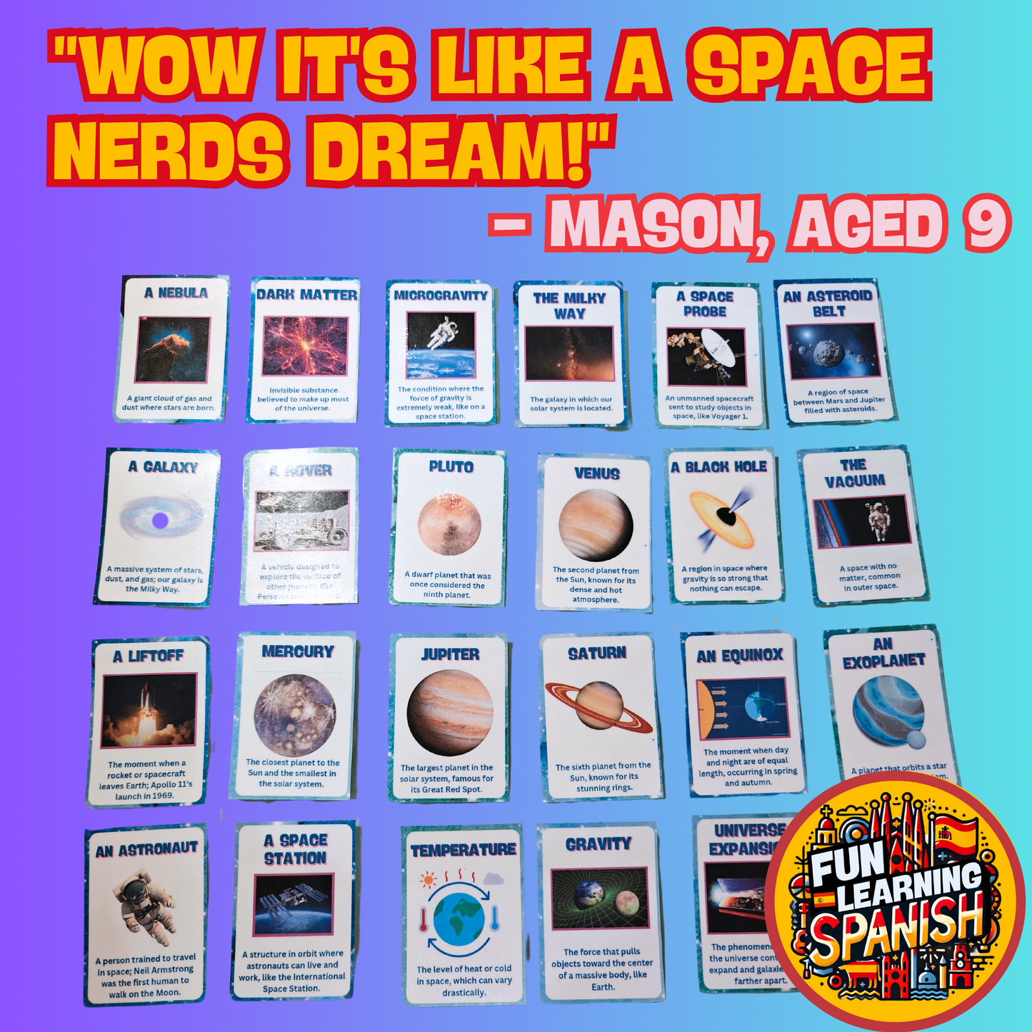 Paquete de tarjetas didácticas de vocabulario + hechos de espacio y astronomía: 64 tarjetas de revisión de aprendizaje laminadas y de doble cara de español a inglés