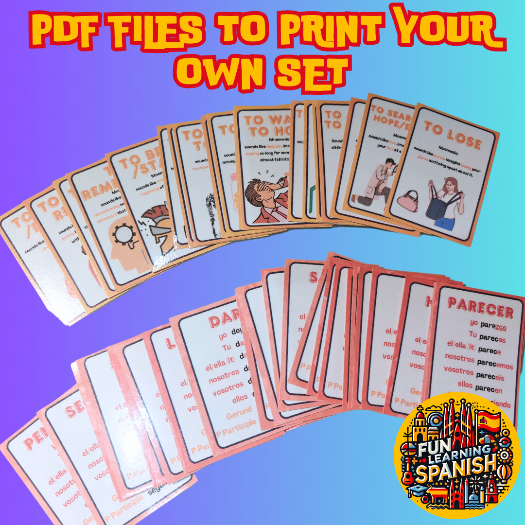 Top 48 Most Used Spanish Verbs, Memory Tricks & Conjugations: Printable Digital Flashcard Set