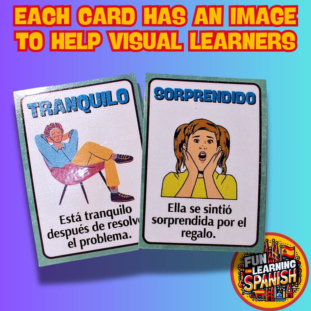 Paquete de vocabulario en español de emociones y sentimientos avanzados: 64 tarjetas didácticas con imágenes de doble cara en inglés y español