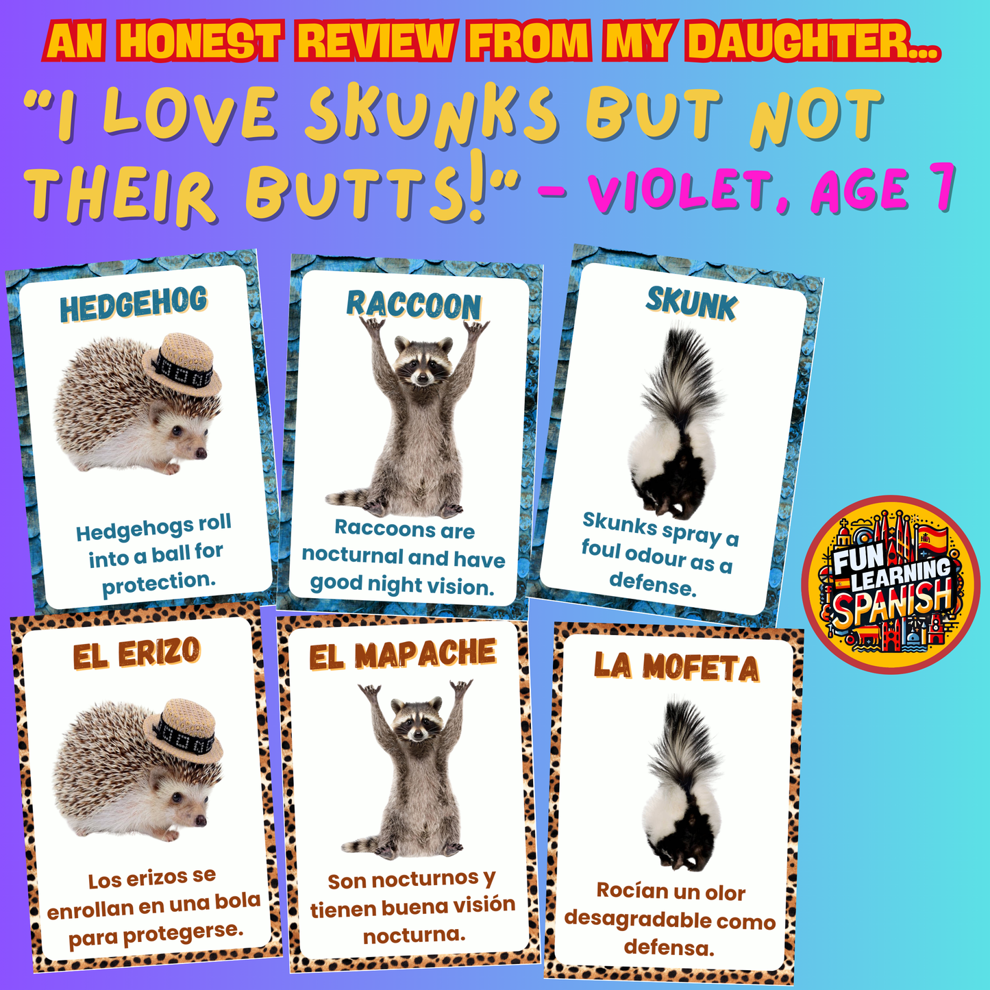 <tc>Paquete de tarjetas didácticas en español de Animales Locos en inglés (64 tarjetas) ¡Aprende animales y datos divertidos en inglés! Para aprendizaje + revisión</tc>