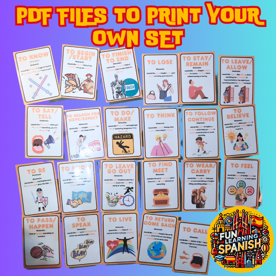 Top 48 Most Used Spanish Verbs, Memory Tricks & Conjugations: Printable Digital Flashcard Set