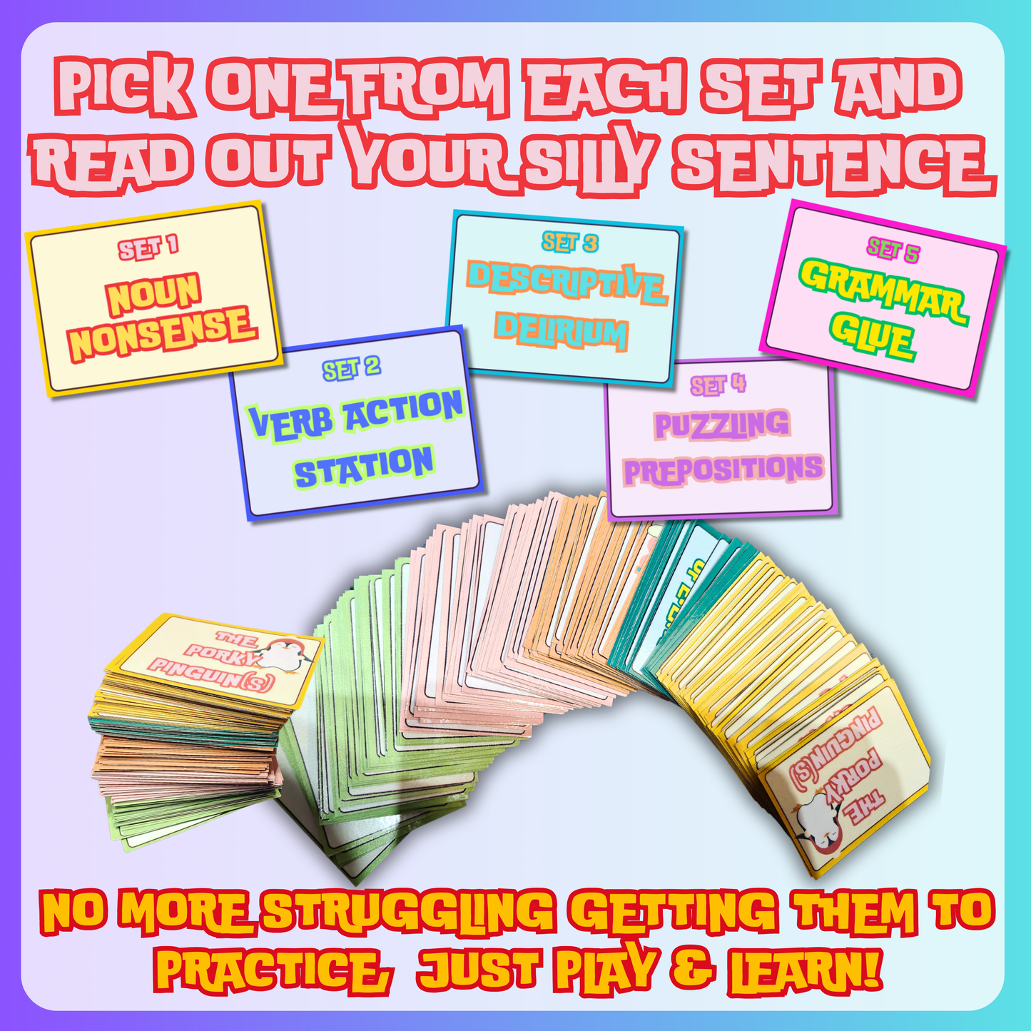 (Descarga digital) Juego de palabras con frases tontas para niños: 144 divertidas tarjetas didácticas coloridas e imprimibles para que los niños desarrollen y practiquen habilidades de lectura.