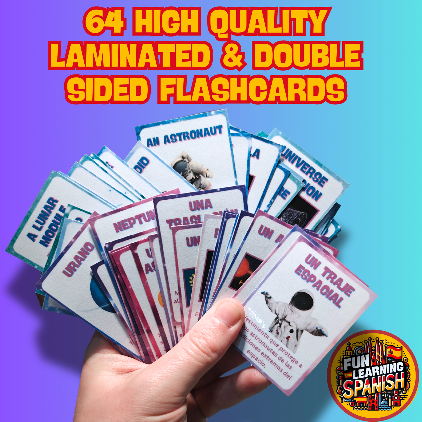 Paquete de tarjetas didácticas de vocabulario + hechos de espacio y astronomía: 64 tarjetas de revisión de aprendizaje laminadas y de doble cara de español a inglés