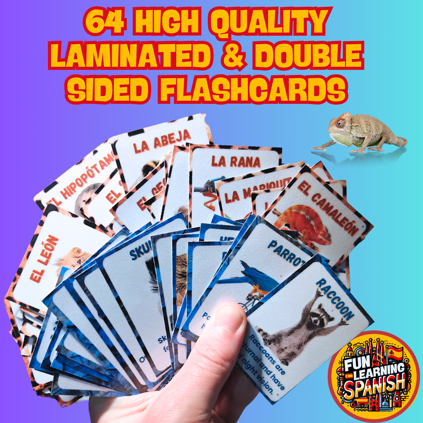 <tc>Paquete de tarjetas didácticas en español de Animales Locos en inglés (64 tarjetas) ¡Aprende animales y datos divertidos en inglés! Para aprendizaje + revisión</tc>