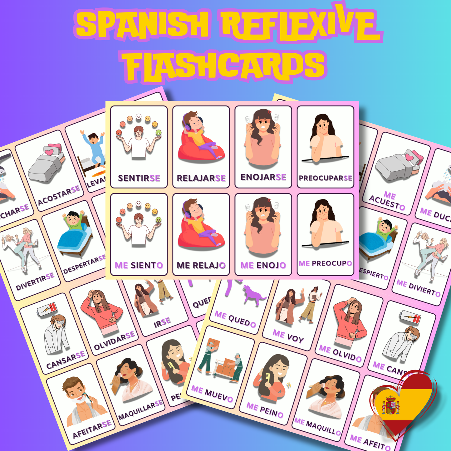 Aprenda verbos reflexivos en español: logre conversaciones fluidas con tarjetas didácticas laminadas de revisión, guía gramatical y oraciones de práctica
