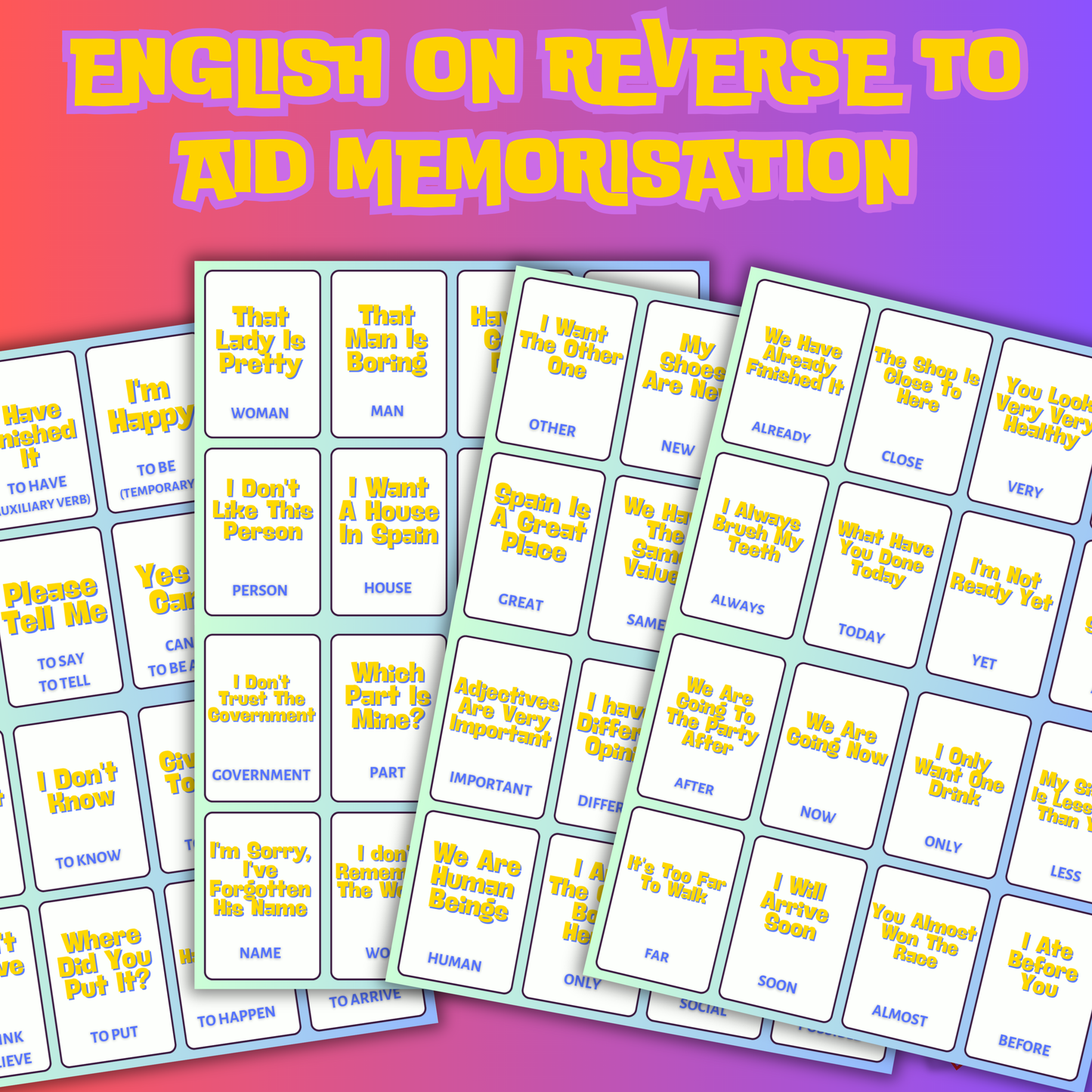 <tc>Paquete de tarjetas didácticas esenciales en inglés: 64 palabras en inglés más comunes, herramientas de aprendizaje duraderas, laminadas y de doble cara</tc>