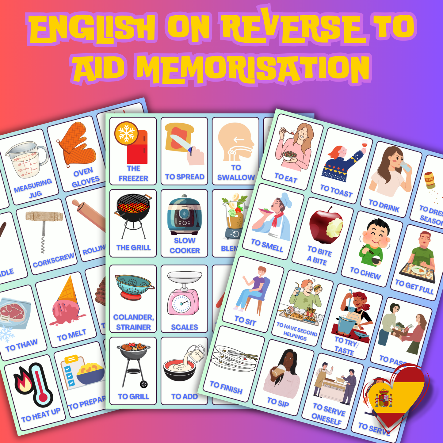 Kitchen & Dining Spanish-English Flashcards Pack - 48 Laminated & Double Sided Vocabulary Bundle