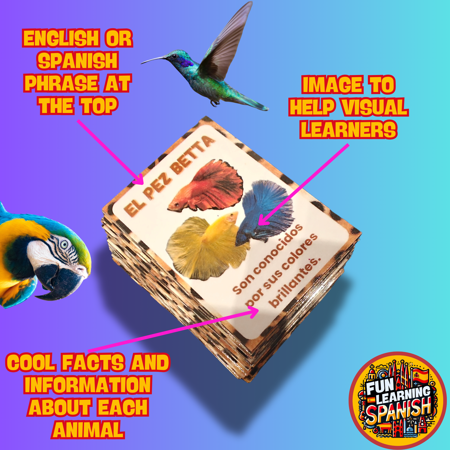 <tc>Paquete de tarjetas didácticas en español de Animales Locos en inglés (64 tarjetas) ¡Aprende animales y datos divertidos en inglés! Para aprendizaje + revisión</tc>