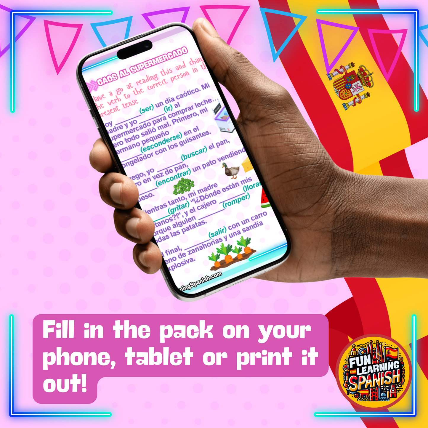 Chaos at the Supermarket – Spanish Practice Mayhem Activity Pack
(Printable & Downloadable for just 99p!) 🛒🍌🤣