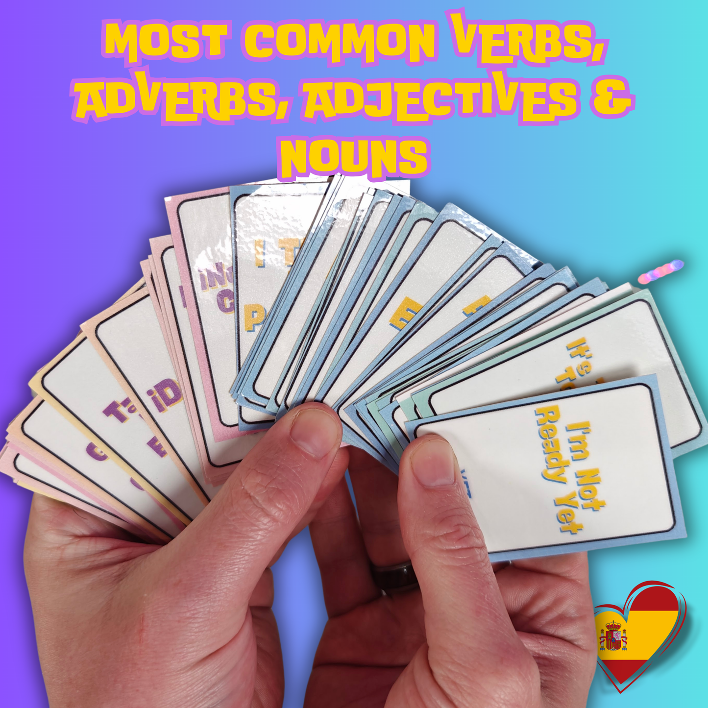 <tc>Paquete de tarjetas didácticas esenciales en inglés: 64 palabras en inglés más comunes, herramientas de aprendizaje duraderas, laminadas y de doble cara</tc>