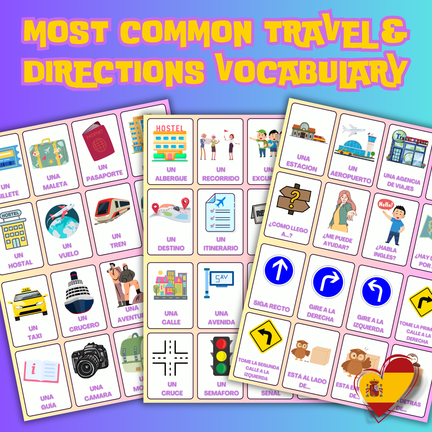 (Digital Download) Travel & Directions Spanish Flashcards Pack. From "Aeropuerto" to "Aventura": Printable 48 Laminated Spanish Travel Vocabulary Flashcards To Your Device
