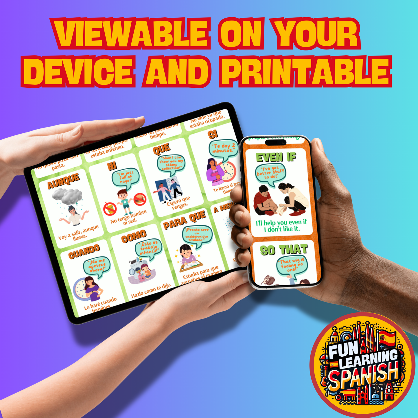 Funny Connections, Conjunctions + Linking Vocabulary Digital Flashcard Pack – 48 English & Spanish Picture Flashcards For Learning + Revision PDF Printable Revision Cards