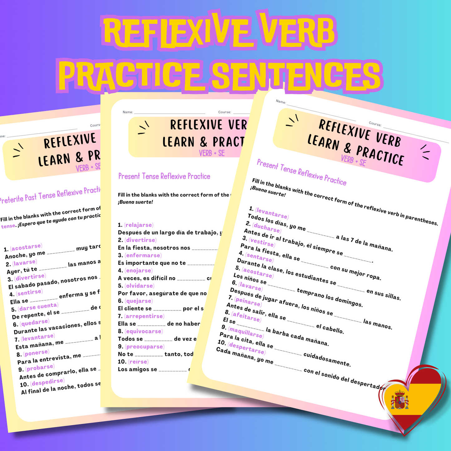 Aprenda verbos reflexivos en español: logre conversaciones fluidas con tarjetas didácticas laminadas de revisión, guía gramatical y oraciones de práctica