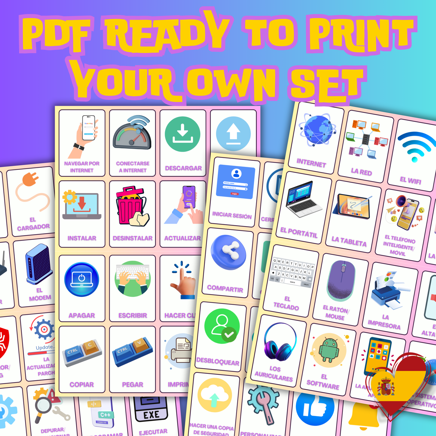 (Digital Download) Technology Flashcards Pack: 80 Double Sided - Printable English/Spanish Vocabulary Cards for Learning