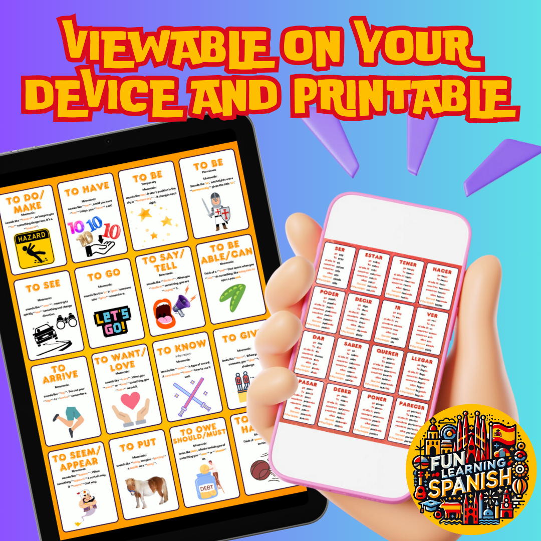 Top 48 Most Used Spanish Verbs, Memory Tricks & Conjugations: Printable Digital Flashcard Set