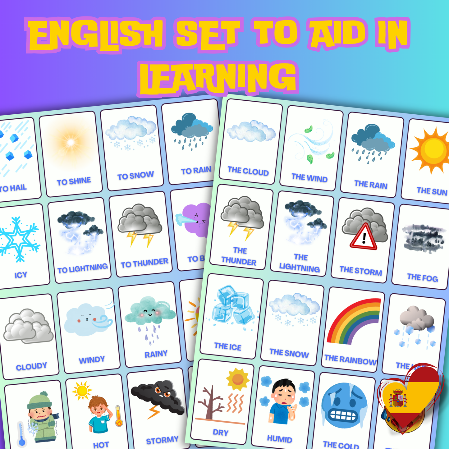(Digital Download) Weather Spanish-English Flashcards Pack - 32 Printer Ready & Viewable On Any Device Flashcard Learning Set