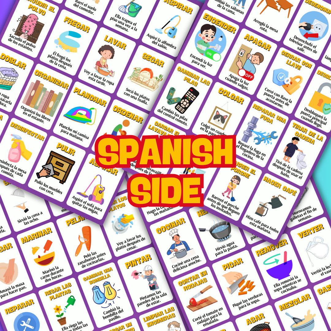 <tc>Tarjetas didácticas de verbos en inglés de acción esencial para el hogar: 64 tarjetas laminadas y de doble cara para revisión en inglés y español en el hogar</tc>
