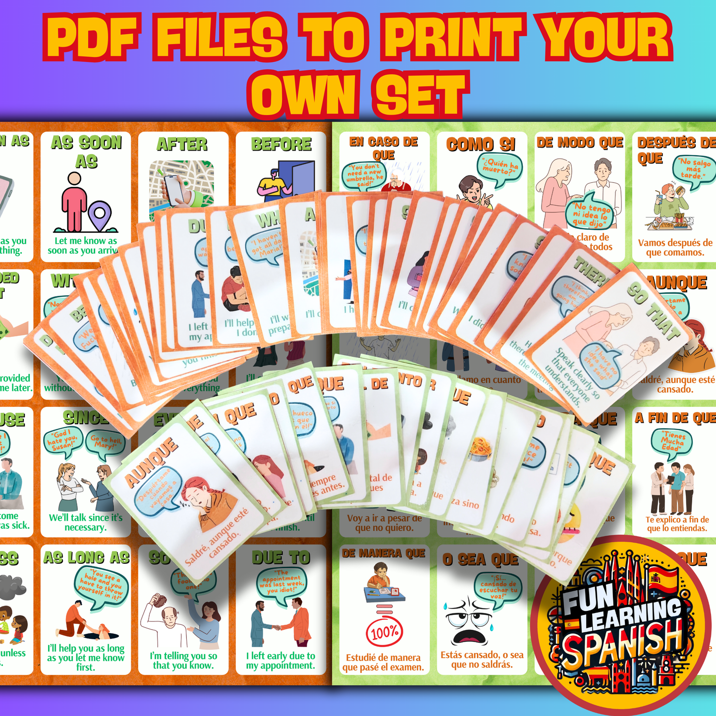 Funny Connections, Conjunctions + Linking Vocabulary Digital Flashcard Pack – 48 English & Spanish Picture Flashcards For Learning + Revision PDF Printable Revision Cards