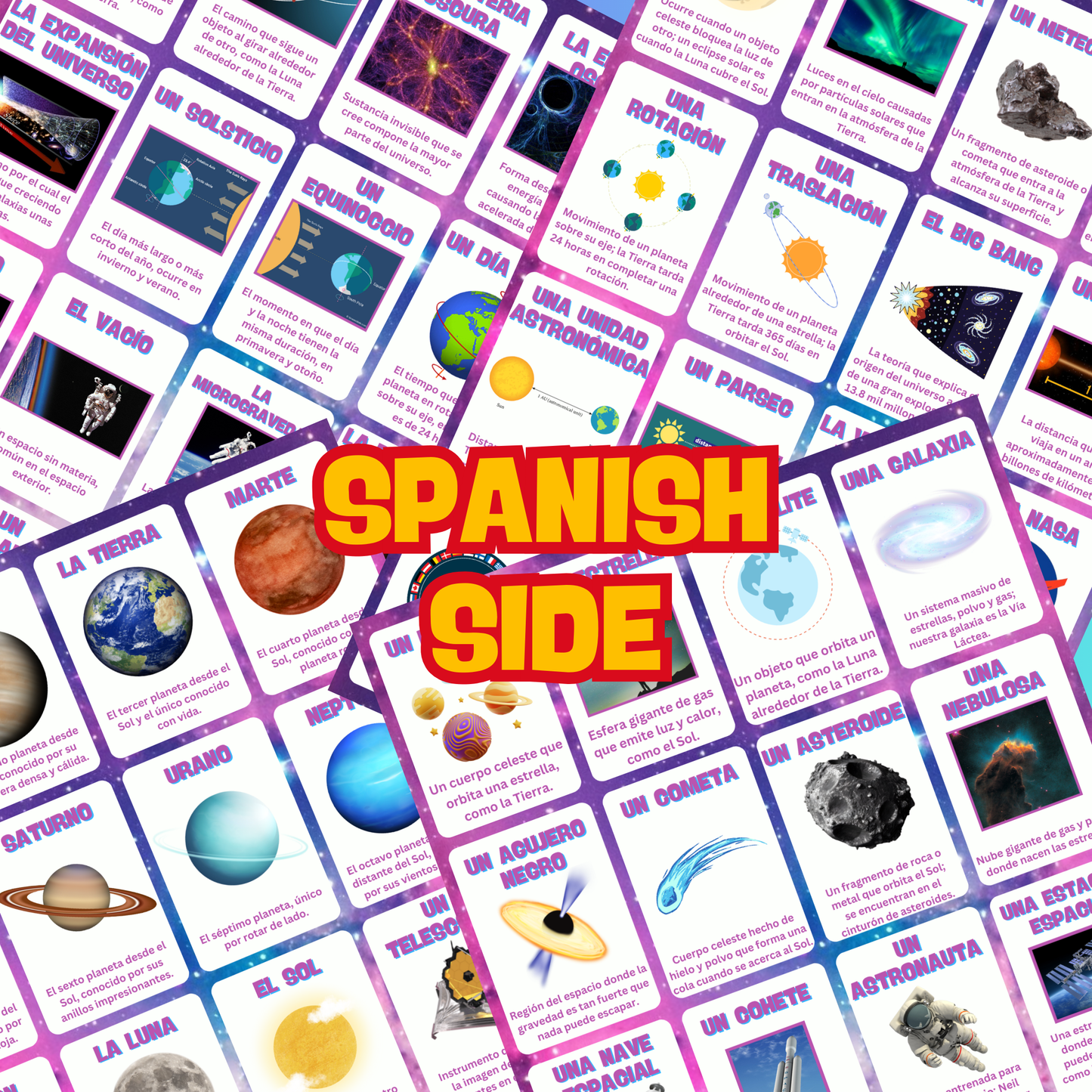 Paquete de tarjetas didácticas de vocabulario + hechos de espacio y astronomía: 64 tarjetas de revisión de aprendizaje laminadas y de doble cara de español a inglés