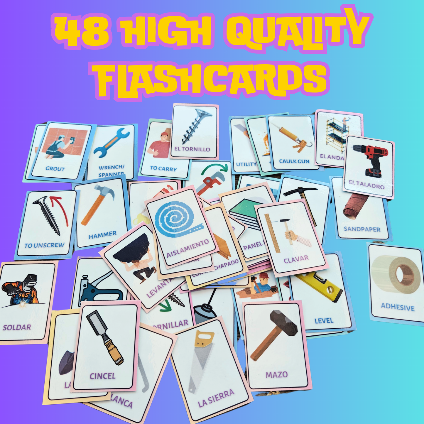 (Descarga digital) Imprimible DIY y decoración Paquete de vocabulario de tarjetas didácticas en español e inglés 48 tarjetas didácticas con imágenes de alta calidad