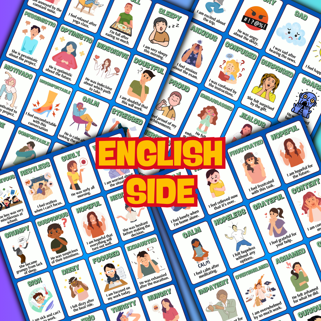Paquete de vocabulario en español de emociones y sentimientos avanzados: 64 tarjetas didácticas con imágenes de doble cara en inglés y español