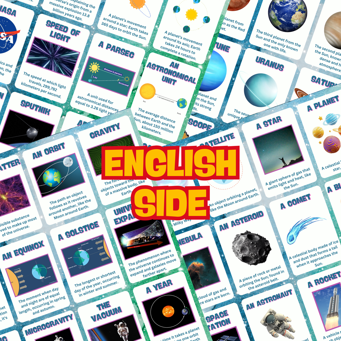 Paquete de tarjetas didácticas de vocabulario + hechos de espacio y astronomía: 64 tarjetas de revisión de aprendizaje laminadas y de doble cara de español a inglés