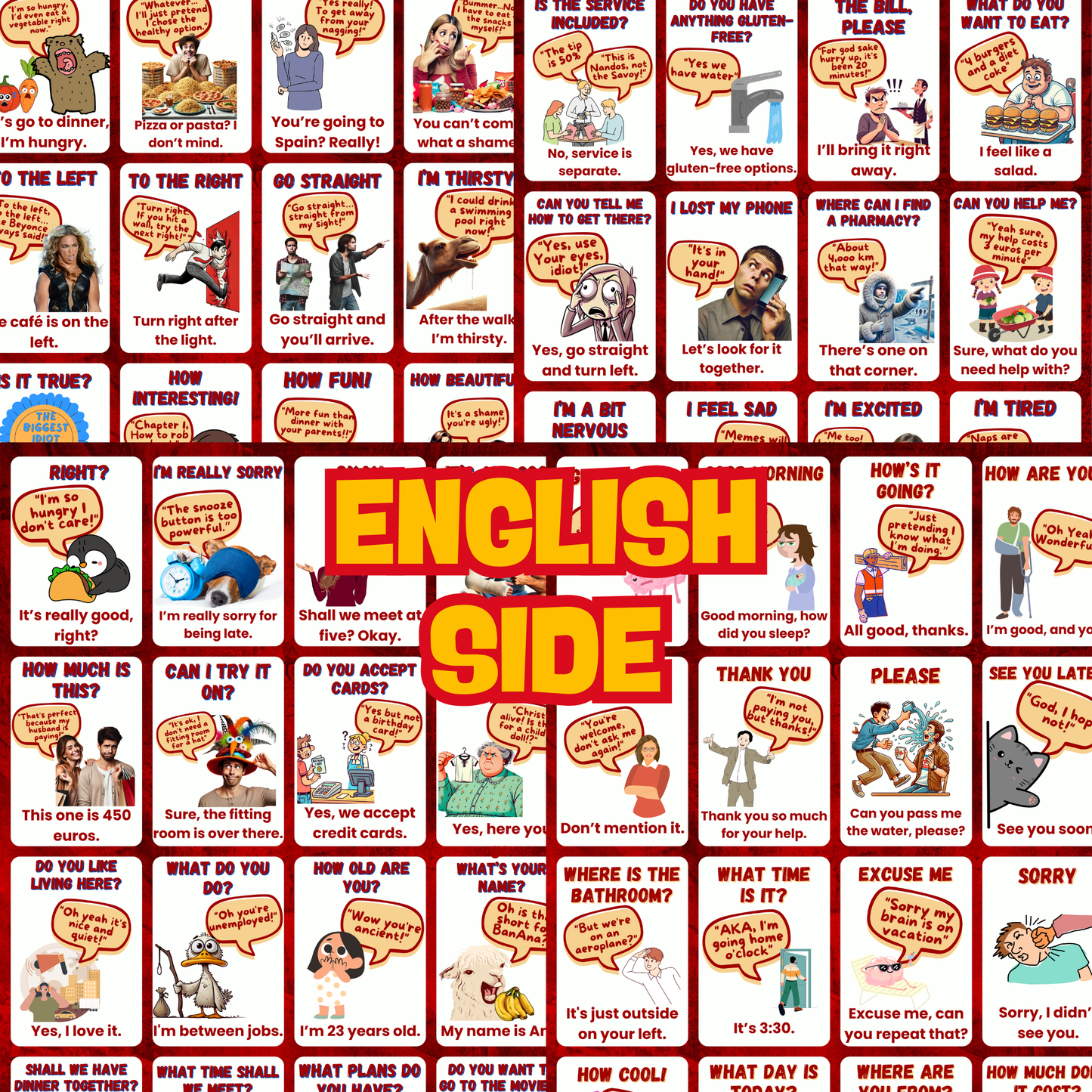 <tc>Paquete de tarjetas didácticas en inglés de interacciones sociales (64 tarjetas) ¡Aprende inglés conversacional! Para aprendizaje + revisión</tc>