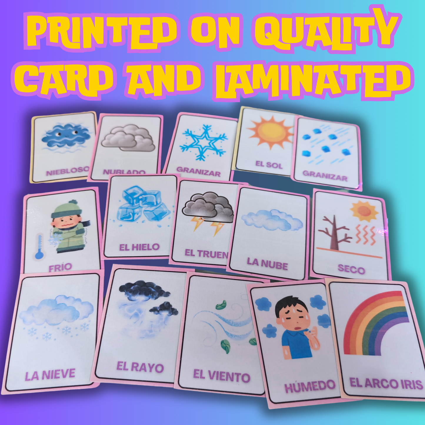 Weather Spanish-English Flashcards Pack - 32 Laminated & Double sided Flashcard Learning Set