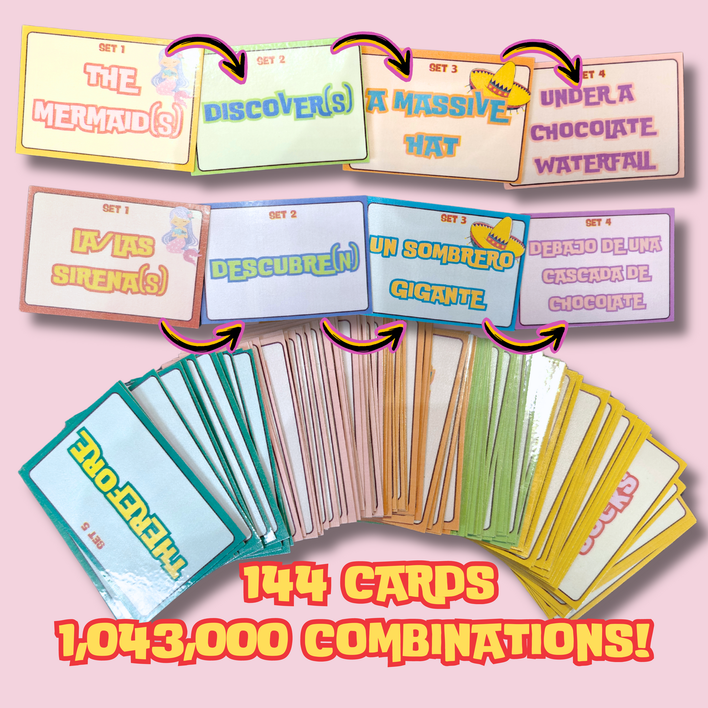 Silly Sentences in Spanish Game: Learn Spanish The Stupid Way, 144 Laminated Flashcards - Millions of Combinations for Fun Language Learning
