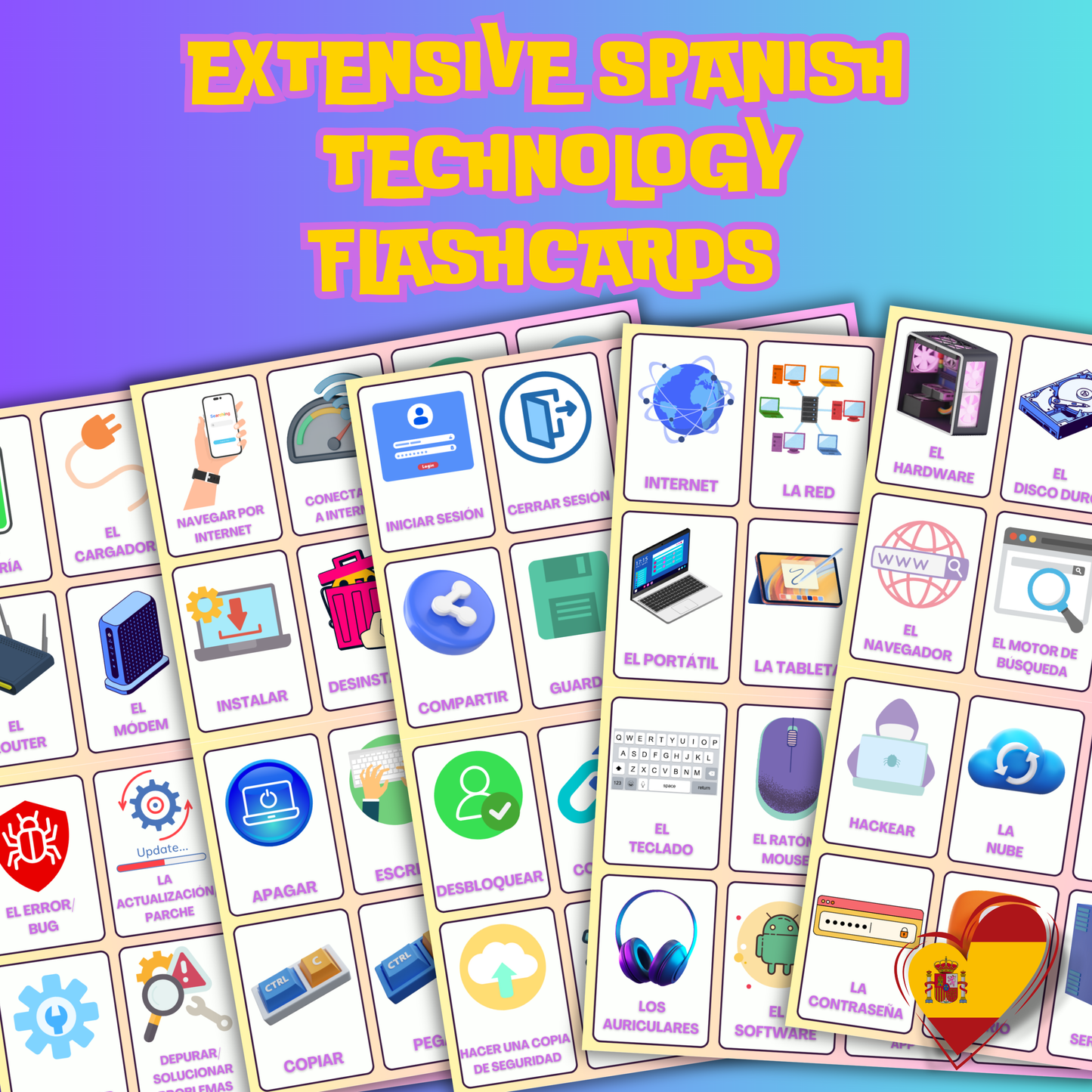 Technology Flashcards Pack: 80 Double Sided - Laminated Bilingual English/Spanish Vocabulary Cards for Learning