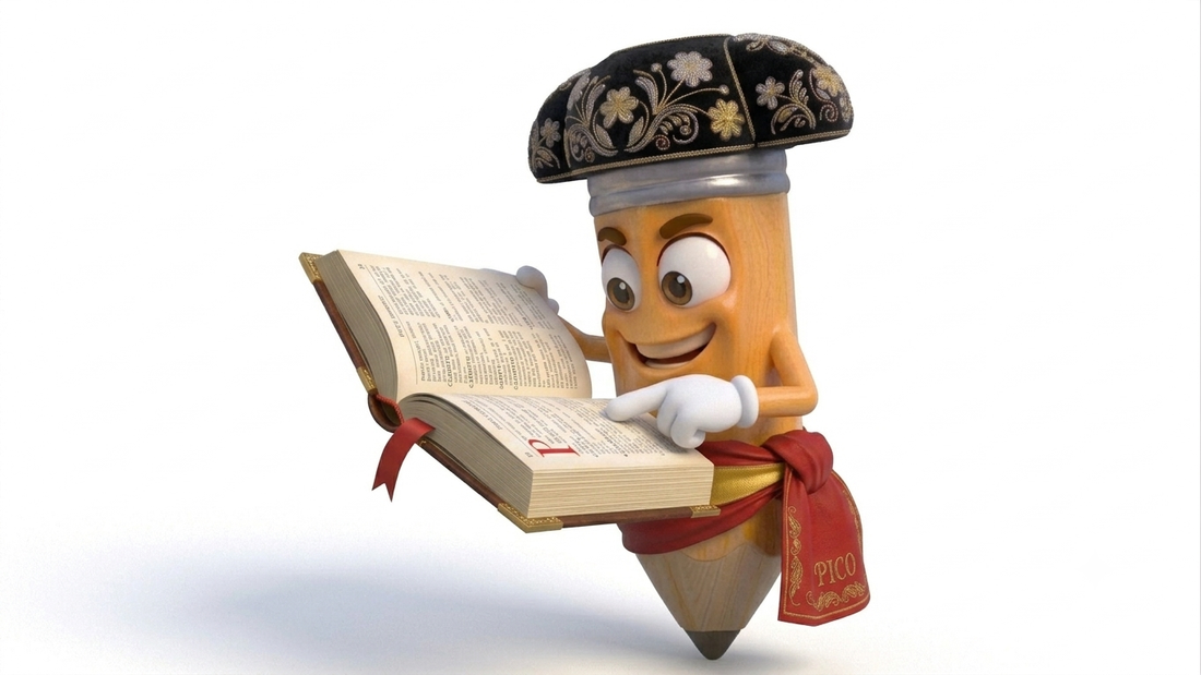 Pico the pencil mascot in a matador hat reading a book