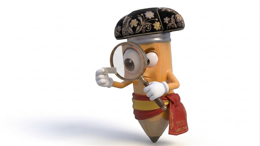 Pico the pencil mascot looking through a magnifying glass