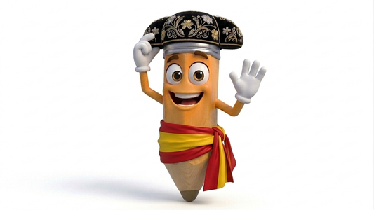 Pico the pencil mascot in a red and yellow matador hat waving