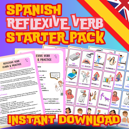 (Digital Download) Learn Spanish Reflexive Verbs: Achieve Fluent Conversations with Printable Flashcards, Grammar Guide & Practice Sentences