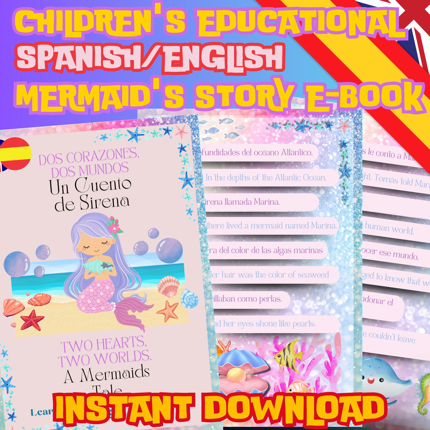 (Digital Download) Learn Spanish with a Bilingual Mermaid Book: A Spanish-English Educational Storybook for Children or Beginners with Activities