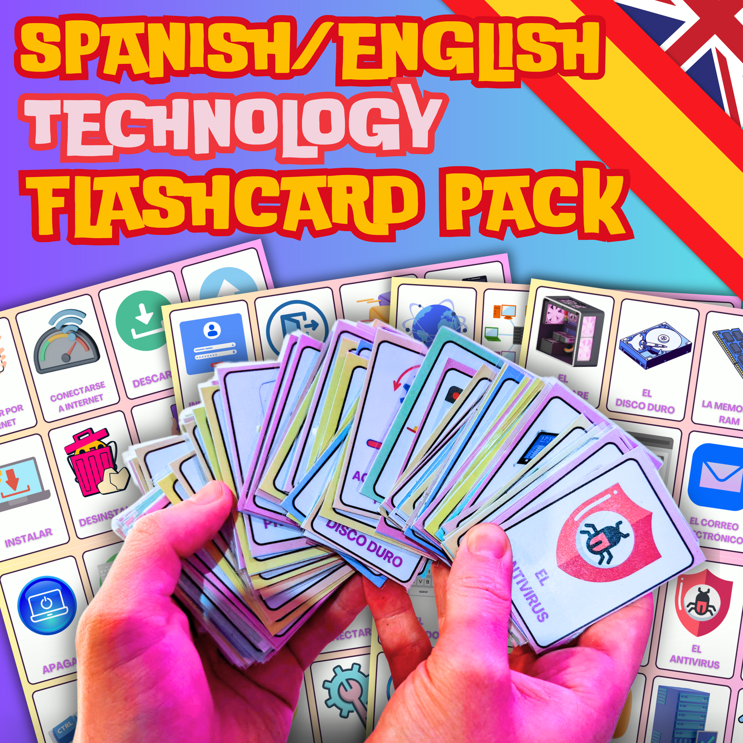 Technology Flashcards Pack: 80 Double Sided - Laminated Bilingual English/Spanish Vocabulary Cards for Learning