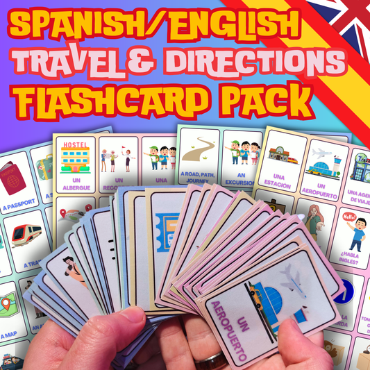 Travel & Directions Spanish Flashcards Pack. From "Aeropuerto" to "Aventura": 48 Laminated Spanish Travel Vocabulary Flashcards