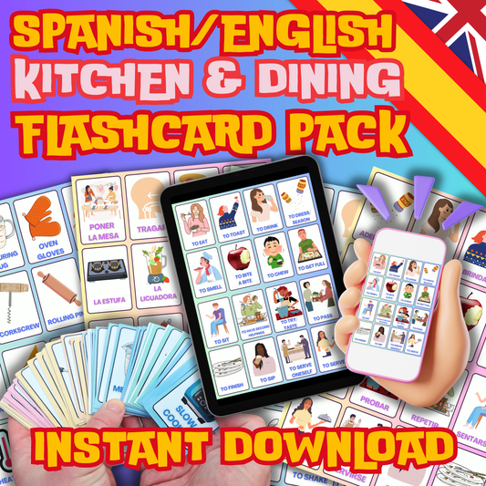 (Digital Download) Kitchen & Dining Spanish-English Flashcards Pack - 48 Printer Ready & Viewable On Device Vocabulary Bundle