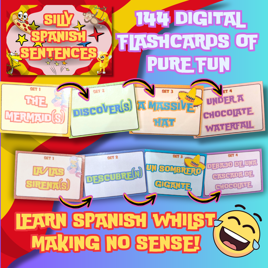 Silly Sentences in Spanish Digital Game Download: Learn Spanish The Stupid Way, 144 Laminated Flashcards - A Million Combinations for Fun Language Learning