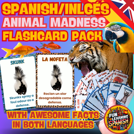 Animal Madness Spanish Flashcard Pack (64 Cards) Learn Animals & Fun Facts in Spanish! For Learning + Revision