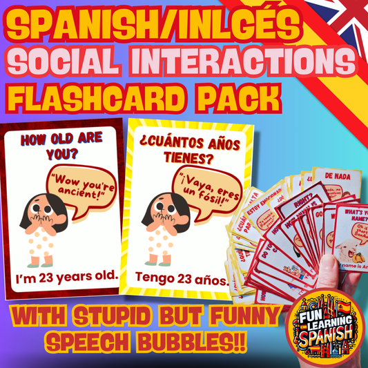 Social Interactions Spanish Laminated Flashcard Pack (64 Cards) Learn conversational Spanish! For Learning + Revision