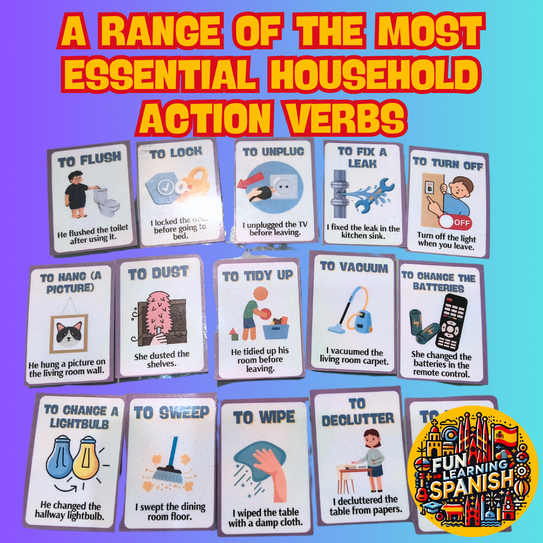 Essential Household Action Spanish Verbs Flashcards – 64 Laminated & Double Sided English & Spanish Revision Cards In The Home