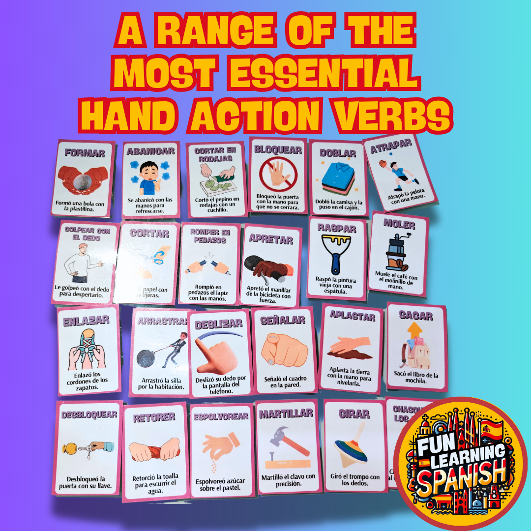 Essential Hand Action Spanish Verbs Flashcards Pack– 64 Laminated & Double Sided English & Spanish Revision Cards