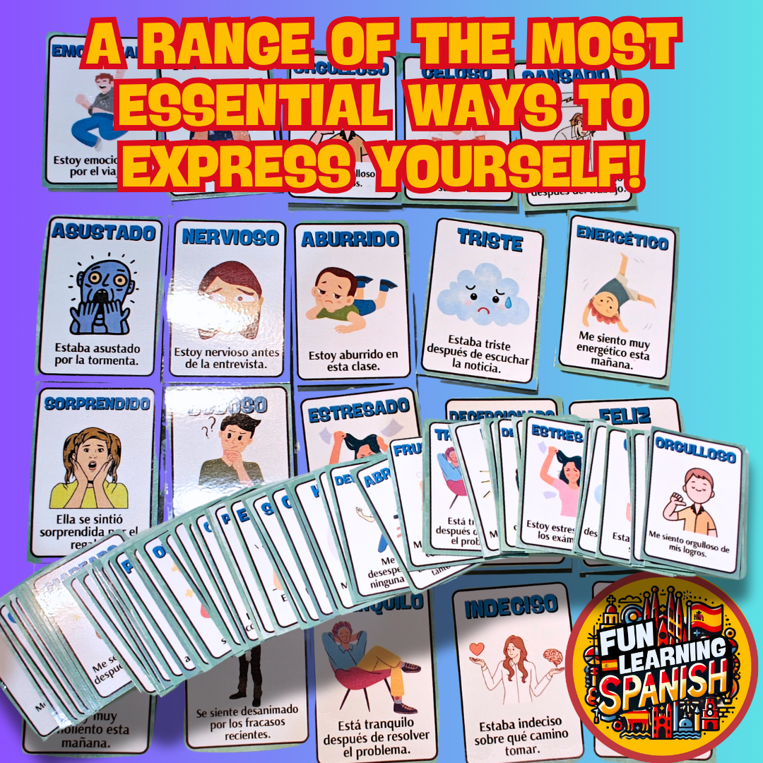 Advanced Emotions & Feelings Spanish Vocabulary Pack – 64 English & Spanish Double Sided Picture Flashcards